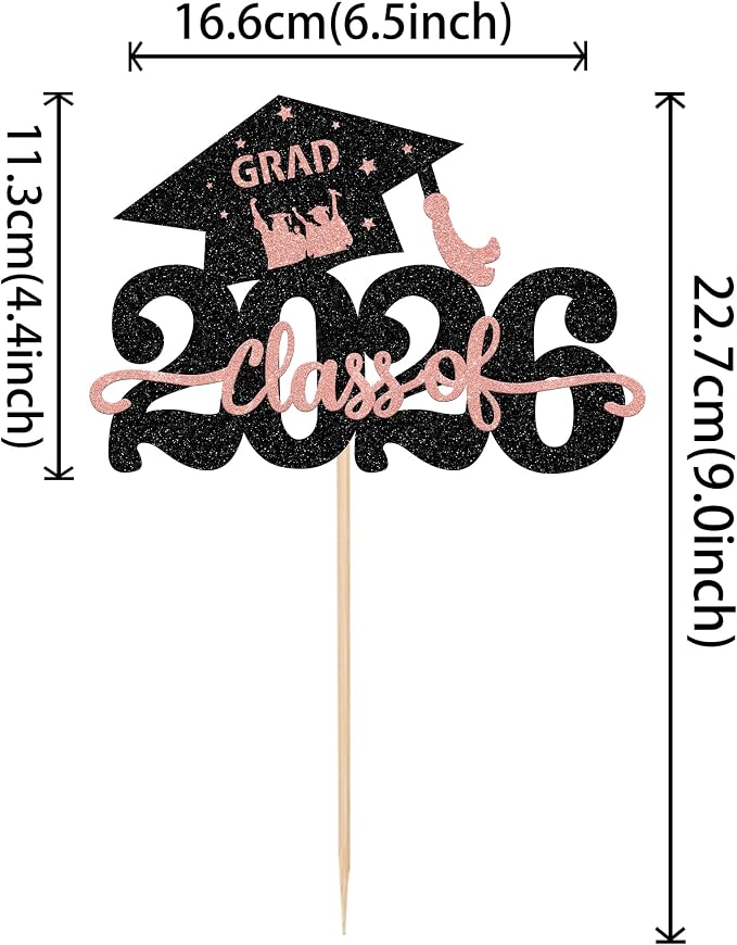1 Pack Class of 2026 Cake Topper Glitter Congrats Grad Cap 2026 Graduation Cake Pick Decoration for 2026 Graduation Theme High School Graduate Party Cake Decorations Supplies Rosegold