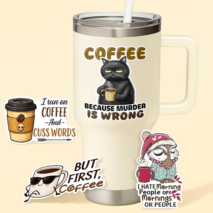 (4 Pcs) Coffee Stickers - Funny Coffee Stickers for Water Bottles, Cars, Laptop, Scrapbook - Coffee Sticker for Coffee Lovers, Espresso Lovers, Women, Men