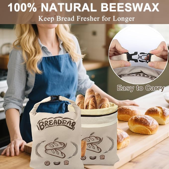 Beeswax Bread Bags for Sourdough, Large Size Sourdough Bread Bags with Beeswax to Keep Freshness Longer, Washable and Reusable Sourdough Storage Bag (2 Pack) (Light Beige)