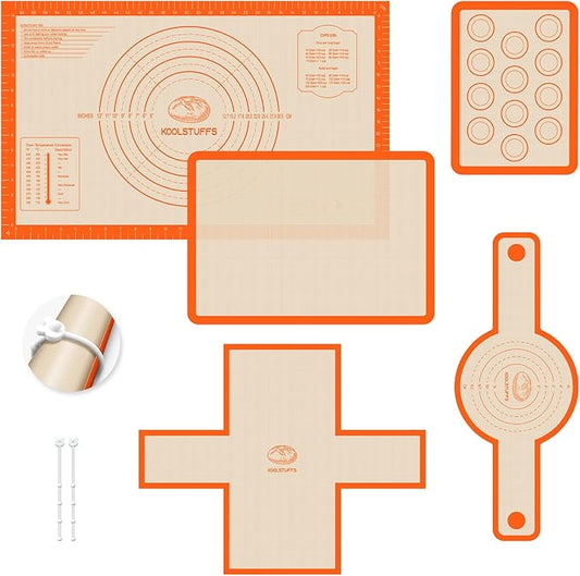 Silicone Baking Mat Set of 5, Nonstick Reusable Pastry Mat, Silicone Bread Sling & Loaf Pan Liners for Bread, Macaron Baking Mat for Cookie, Macarons