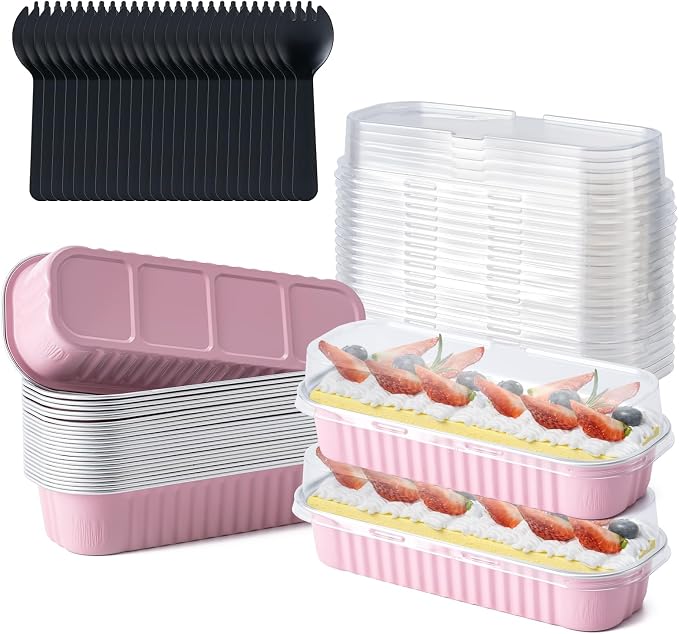 Husfunov 25 Pack Mini Cake Pans with Lids and Spoons, Small Aluminum Foil Loaf Pans, Rectangular Baking Containers for Party and Picnics, 6.8oz (Pink)