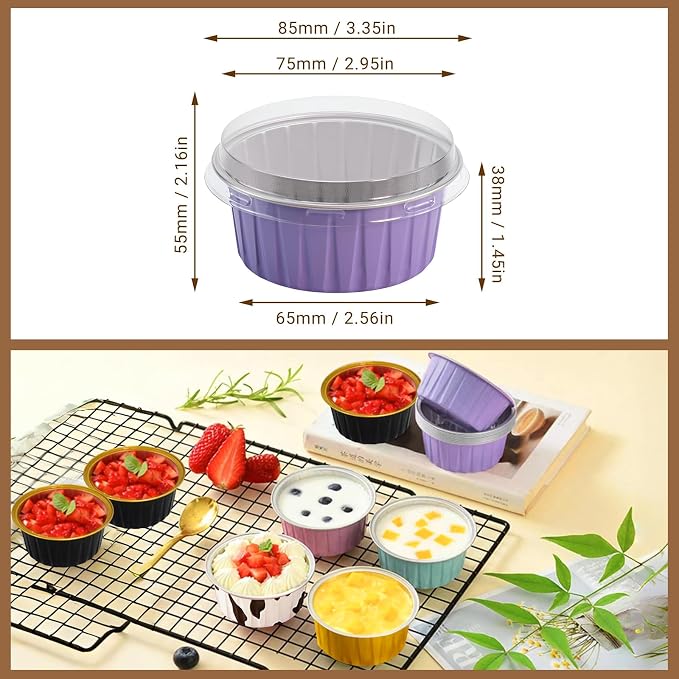 50PCS Mixed color Disposable Ramekins with lids,5oz Aluminium Foil Baking Cups Creme Brulee Mini cake pans, Cheesecake Pans Flan Molds Tin Cups Containers for Party (Mixed color with Lids 50PCS)