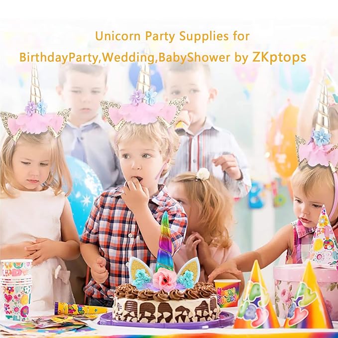 Unicorn Cake Topper Handmade Rainbow Horn Unicorn Cake Topper Happy Birthday Party Decoration Supplies Magic Reusable Cake Toppers with Eyelashes and Stack for Girls Kid Women, 5.8 Inch