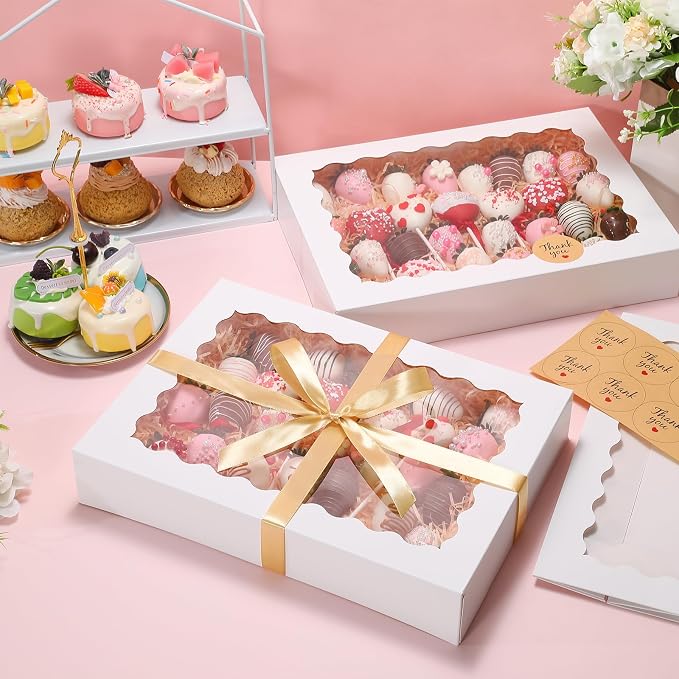 24 Pack Auto Pop-up Cookie Boxes with Window, 14x10x2.5 Inch White Bakery Boxes with Ribbon and Sticks for Treats, Chocolate Covered Strawberries, Cake Pops, Donuts, Pastries