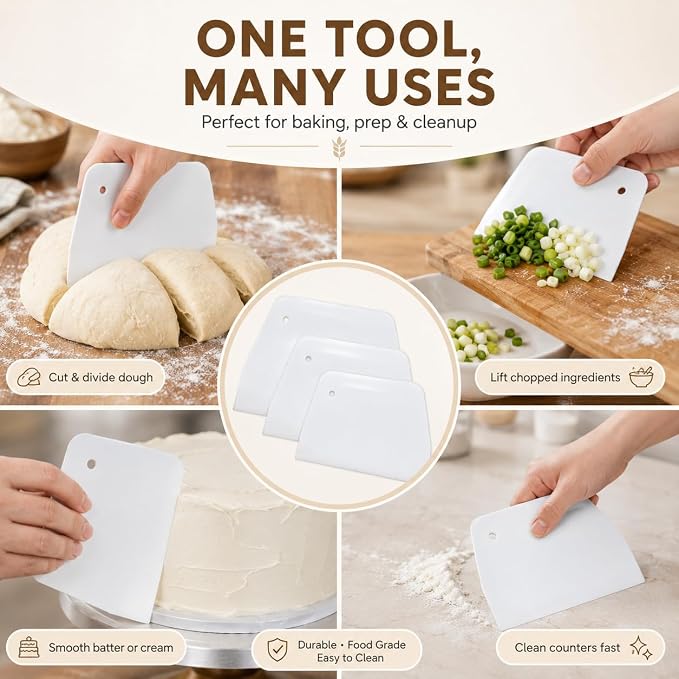 3 Piece Plastic Dough Scraper, Food Grade Trapezoidal Bread Scraper Bowl Scraper Set Multipurpose Kitchen Food Scraper for Bread Cake Fondant Icing Cream Pizza Making Size L M S