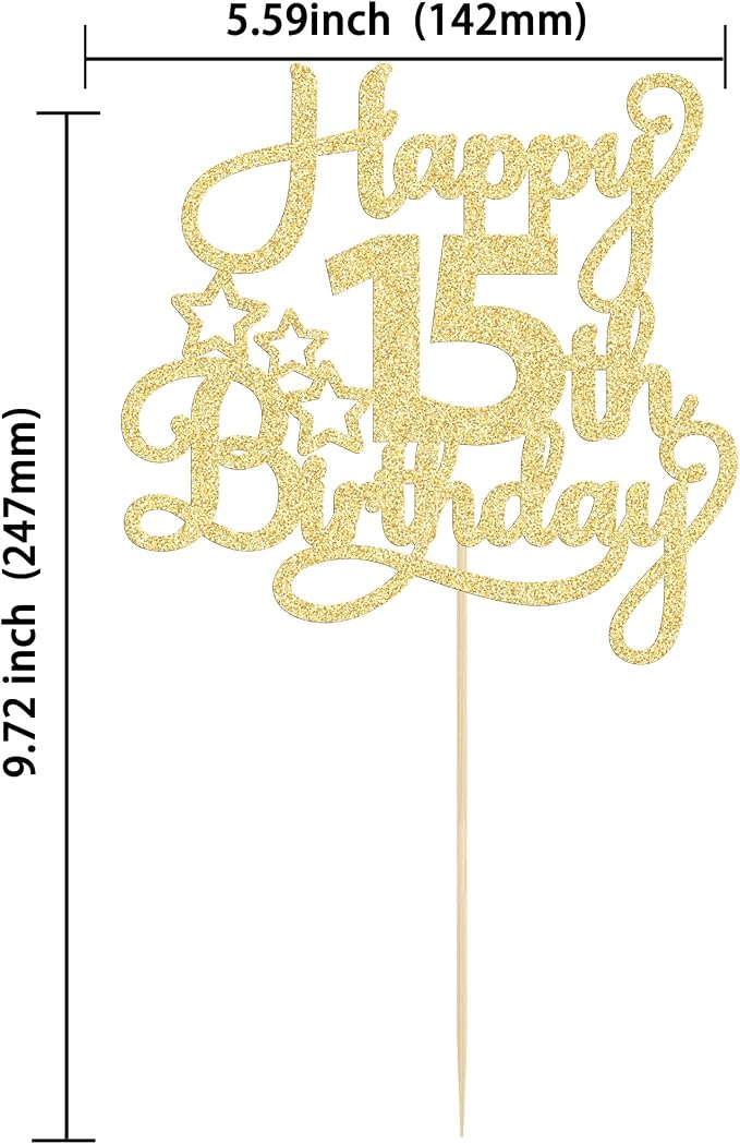 1 Pack Happy 15th Birthday Cake Topper Gold Glitter Mis Quince 15 Cheers to 15 Years Old Cake Pick for Celebrating 15th Birthday Anniversary Party Cake Decorations Supplies