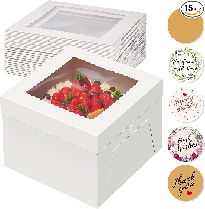 Kootek 15pcs Cake Boxes, 12x12x8 Inches Tall Cake Box with Window, White Bakery Boxes, Large Baking Boxes, Square Cardboard Cake Box for Multi-Layer Cakes, Cake Decorating Supplies for Gift Giving