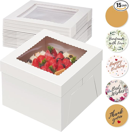 Kootek 15pcs Cake Boxes, 12x12x8 Inches Tall Cake Box with Window, White Bakery Boxes, Large Baking Boxes, Square Cardboard Cake Box for Multi-Layer Cakes, Cake Decorating Supplies for Gift Giving