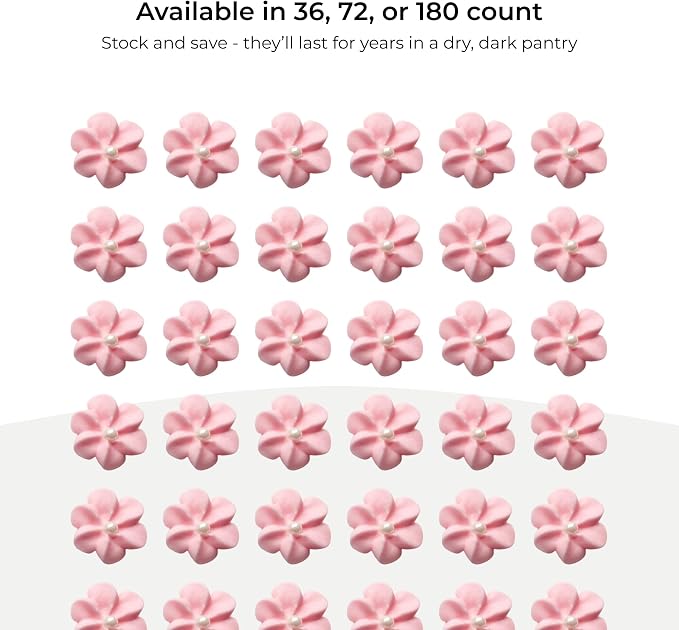 Mini Edible Royal Icing Flowers (36 Count), Petite Edible Flower Cake Decorations, Edible Flowers for Cupcakes, Flowers with Pearl Sprinkles for Cakes & Cupcakes, Global Sugar Art (Pink, 36 Count)