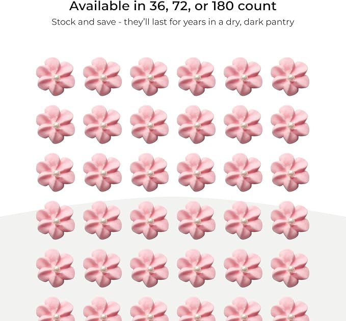 Mini Edible Royal Icing Flowers (180 Count), Petite Edible Flower Cake Decorations, Edible Flowers for Cupcakes, Flowers with Pearl Sprinkles for Cakes & Cupcakes, Global Sugar Art (Pink, 180 Count)