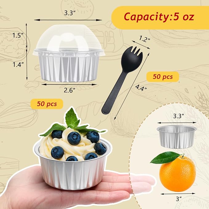 Cupcake Liners with Dome Lids 50 Pack,Free-Air 5oz Aluminum Foil Baking Cups Muffin Tin,Souffle Dessert Pudding Ramekin Holders for Individual Bakery Wedding Birthday Party,with 50 Spoons-Silver