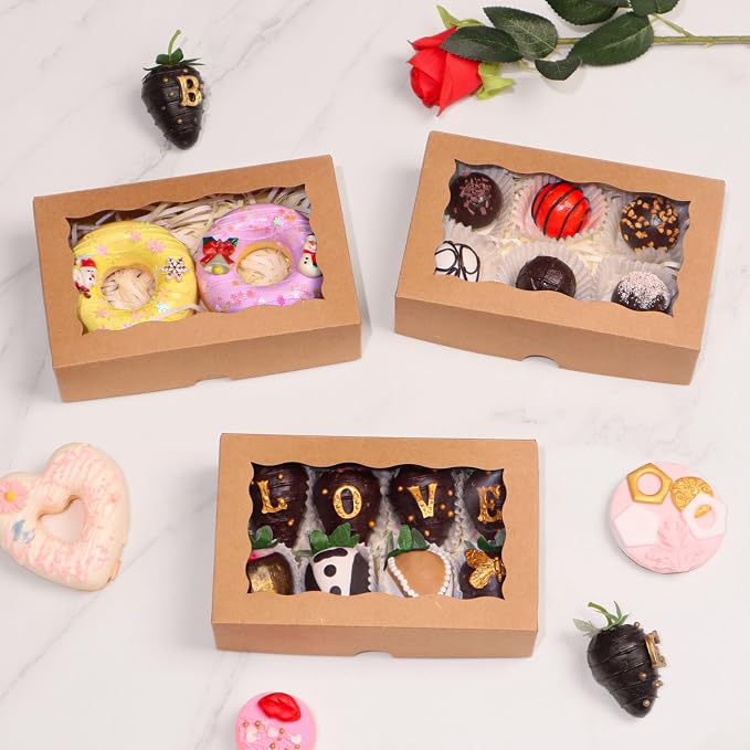 ROSPAKTEK 100pcs 7x4.3x2 Inches Brown Bakery Boxes with Window for Cookies, Macarons, Chocolate Covered Strawberries, and More