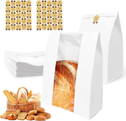 30 Pack Large Bread Bags for Homemade Sourdough Bread - Kraft Paper Storage Bakery Bags with Clear Window Bonus 50 Seal Stickers for Sourdough Sandwich (13.7x8.2x3.5 Inches, White)