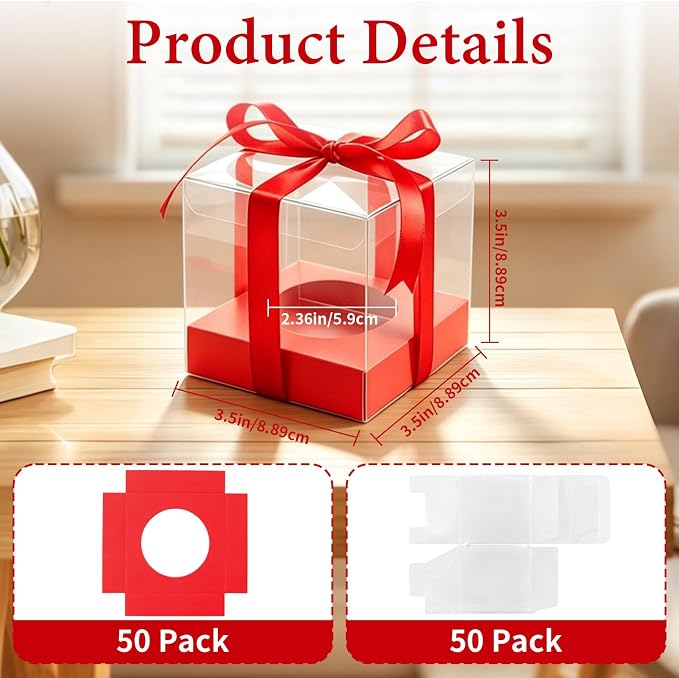 50 Pcs Red Clear Plastic Cupcake Boxes, Individual 3.5 Inch Single Holder Containers with Insert and Ribbon, Paper Base for Wedding, Birthday, Party Favor Gift
