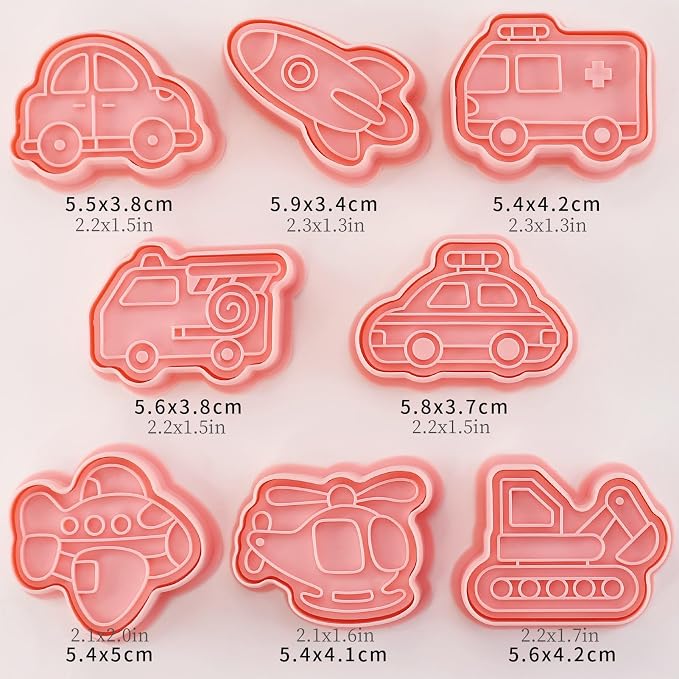 Transportation Vehicle Cookie Cutters with Cookie Stamps 8 Pcs Small Car Theme Cookie Stamps for Boys (Transportation Vehicle)