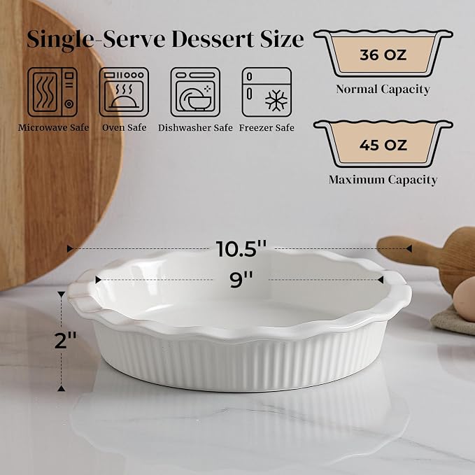 DOWAN Pie Pan for Baking, 9 Inch Round Baking Dish for Dinner, 45 Ounce Pie Plate Ceramic Quiche Pan Non-Stick with Deep Fluted Pie Dish for Apple Pies, Pot Pies, Quiches, Tart, Oven Safe Dish, White