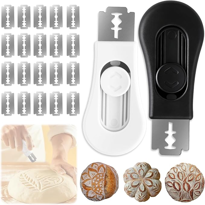 2 Pcs Magnetic Bread Lame, Professional Dough Scoring Tool, Extractable Blade, Hand Crafted Sourdough Bread Scoring Tool for Baking, Bread Making Knife with 20 Razor Blades