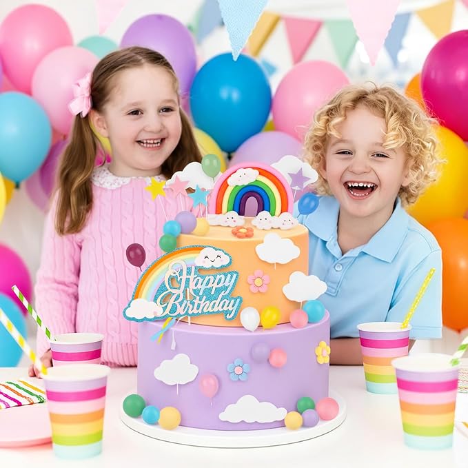 Hooqict 37PCS Rainbow Cake Topper with Daisy Flower Pastel Balls Boho Rainbow Cake Decorations for Wedding Girls Boys Groovy Hippie Birthday Party Decorations Supplies