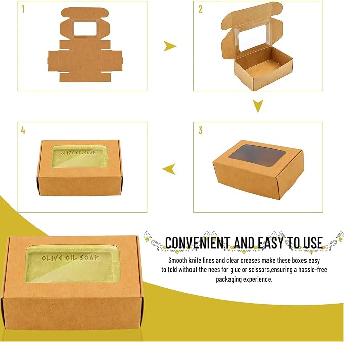 RYKOMO 40 PCS Soap Boxes for Homemade 3.55 x 2.4 x 1.2 Inch Small Soap Paper Box Mini Kraft Treat Box with Window for Homemade Soap Packaging Boxes Supplies