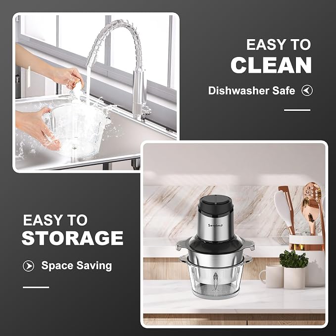 Food Processor, Meat Grinder Vegetable Chopper for Home Use, Sovyime Small Food Chopper with 2 Bowls(8 Cup) & 2 Bi-Level Blades. 350W Electric Meat Chopper for Onion, Baby Food, Garlic, Nuts, Fruit