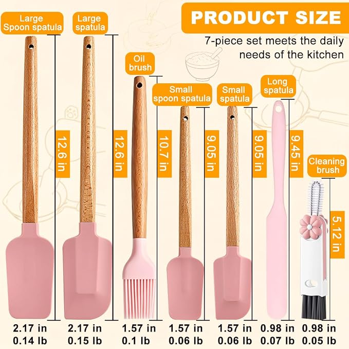 Silicone Spatula Set - 7 Piece Food Grade Rubber Spatula, Heat Resistant Up to 600°F, Wooden Handle Kitchen Utensils Set for Cooking, Baking & Mixing, Jar, Non-Stick Silicone Utensil Pink
