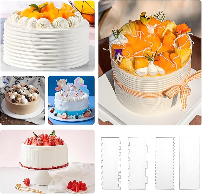 4 Pcs Cake Scraper Set Acrylic Cake Decorating Supplies Large Transparent Cake Smoother for Icing Perfect for Butter Cream Frosting with 7 Different Shapes Durable