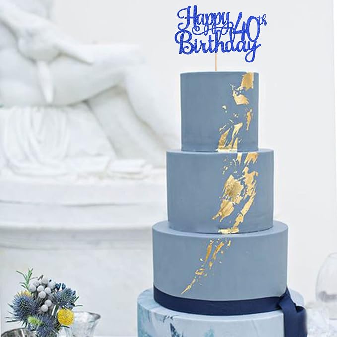 1 PCS Happy 40th Birthday Cake Topper Glitter Cheers to 40 Years Birthday Cake Pick 40 Fabulous Cake Decoration for Happy 40th Birthday Anniversary Party Decorations Supplies Blue