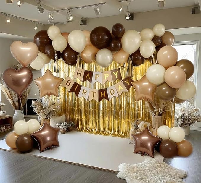 Brown Birthday Balloon Kit,Brown Apricot White Balloons Happy Birthday Banner Fringe Curtains Heart and Star Foil Balloon for Baby Shower Bear Boho Party Decoration