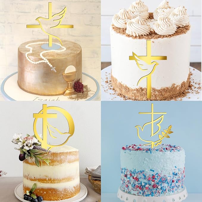 8 pcs Baptism Cake Toppers Acrylic Gold Dove Cross Cupcake Toppers Baptism First Communion Cake Decorations Supplies for Baby Shower Birthday Wedding Party Christian