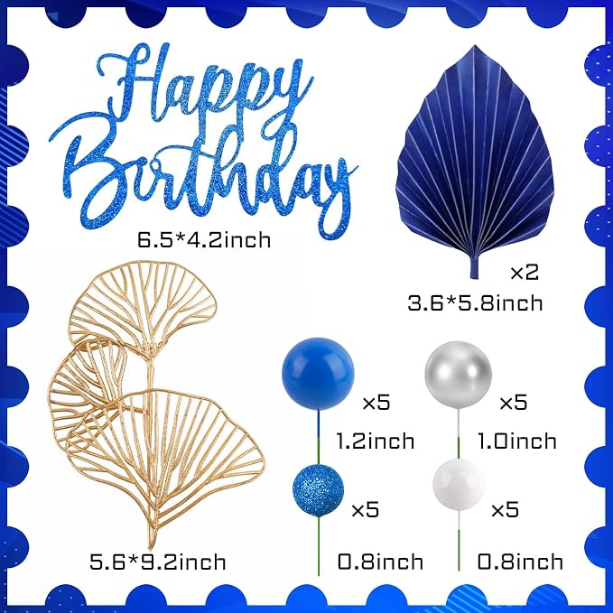 MEMOVAN Blue White Silver Ball Cake Toppers with Palm Leaves Foam Balls Cake Picks DIY Balloon Cake Insert Topper Blue Boho Cake Topper for Birthday Boho Wedding Baby Shower Anniversary Party
