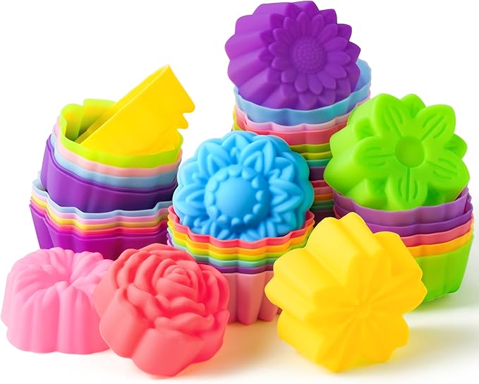 R HORSE 42 Pack Mini Silicone Cupcake Molds Multi Flower Shaped Baking Cups Non-Stick Muffin Baking Mould Washable Cupcake Cake Cup Liners Mold for Soap Dessert Pudding Donut Party Supplies