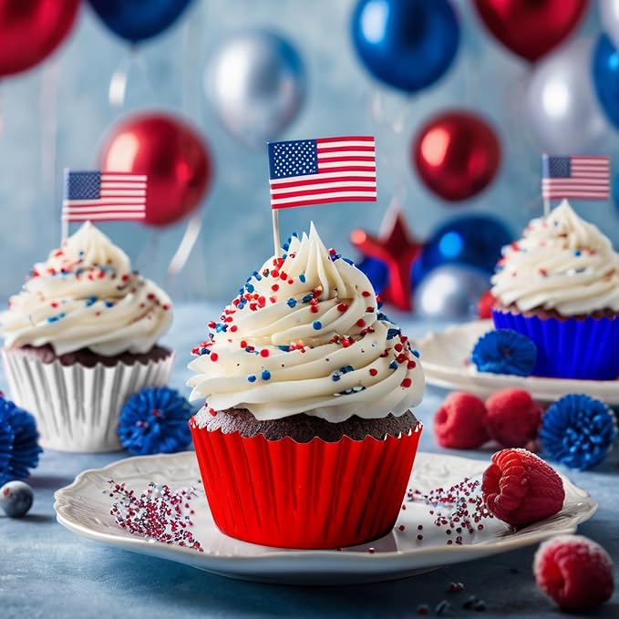 SANNIX 450Pcs 4th of July Foil Cupcake Liners Red Blue Silver Cupcake Liners Baking Cups for Patriotic Independence Day Holiday Birthday Veterans Party Cake Candy Chocolate Decorations