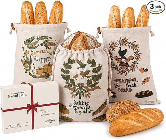 Bread Bags for Homemade Bread, 3 Pack Linen Bread Bags with TPU Lining, Reusable Sourdough Bread Storage Bags, Drawstring Closure, 17 x 13 Inch, Thanksgiving Fall Design, Gift Ready Box