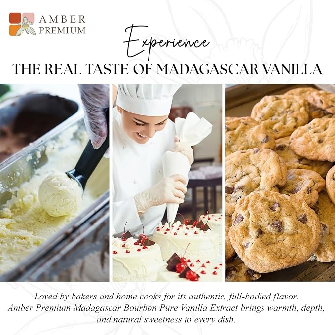 Amber Premium Pure Vanilla Extract 8 fl oz – Madagascar Bourbon Vanilla Extract, No Added Sugar, Non-GMO, Kosher, Vegan, Gluten-Free, Allergen-Free, No Preservatives - Elegant Amber Bottle