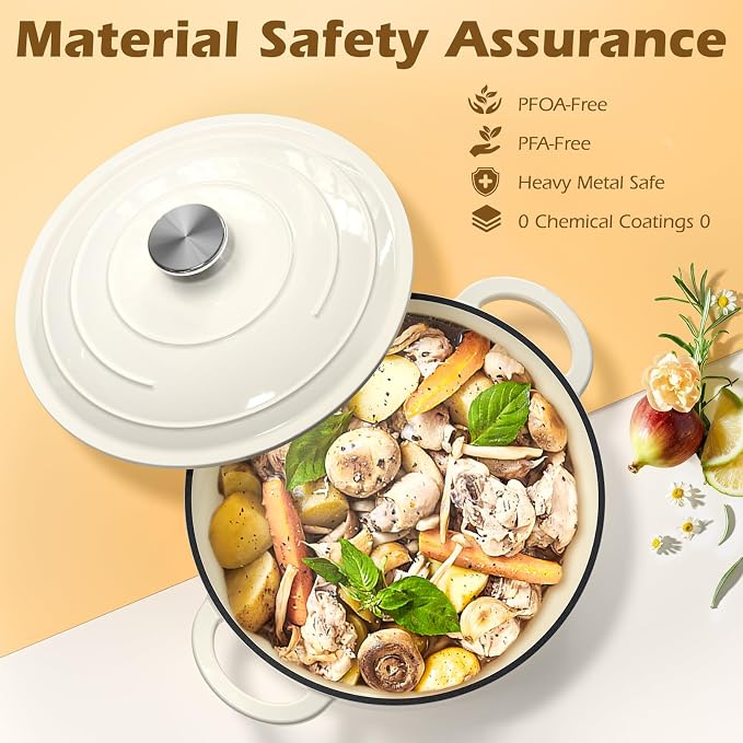 Umite Chef Enameled Cast Iron Dutch Oven-7QT Pot with Lid Cookbook & Cotton, Heavy-Duty Cookware for for Bread Baking, Braising, Stews, Marinate, Cook(Cream White)