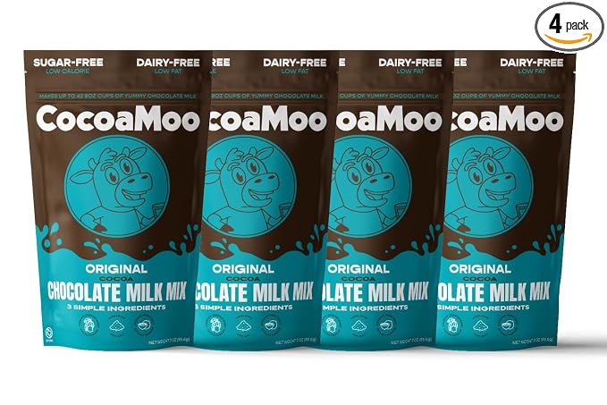 4-Pack CocoaMoo Original Chocolate Milk Mix - Sugar-Free, Dairy-Free, Organic Cacao Powder with Monk Fruit Extract, No Added Sugar, No Gums or Fillers, Easy to Blend Powder