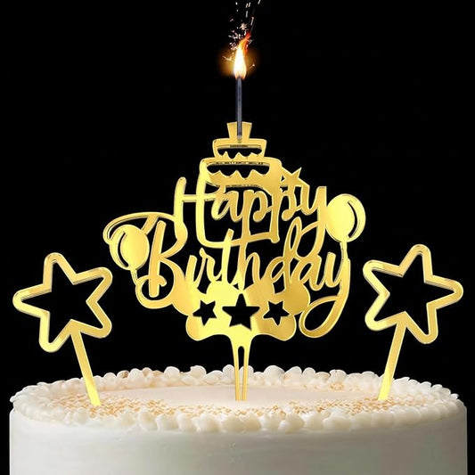 Happy Birthday Acrylic Cake Topper Candle, Gold, with 2 Star Decorations