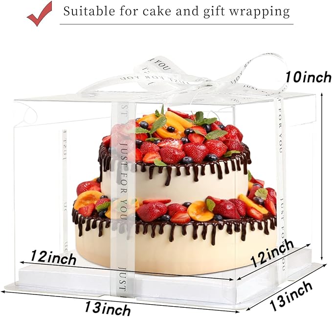 12x12x10inch 6Pcs Tall Cake Boxes Clear cake Box with Ribbon,Pre Folded Lid for 10" and 11" Inch Tall Layer Tiered Cakes and Bakery Display Birthday Wedding Party(Clear Lid, 12*12*10inch/6Pcs)