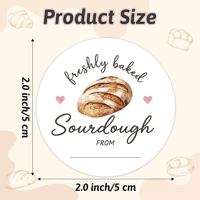 PANTIDE Freshly Baked Sourdough Labels Stickers - 500 Count Baked with Love Bakery Bread Adhesive Round Decal Roll, for Homemade Bread Bakery Small Business Sealing Food Packaging (2 x 2 Inch, White)