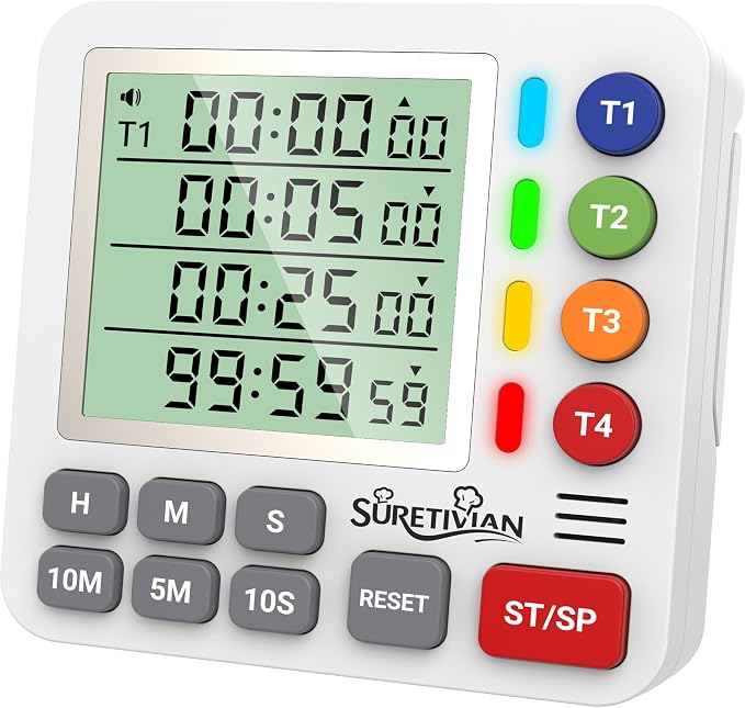 Digital Kitchen Timer for Cooking - 4 Channel Count Up Countdown Timer with Loud Alarm and Silent Mode, Large Display, Magnetic Back, Auto Memory for Classroom Study Gym, Battery Included (White)