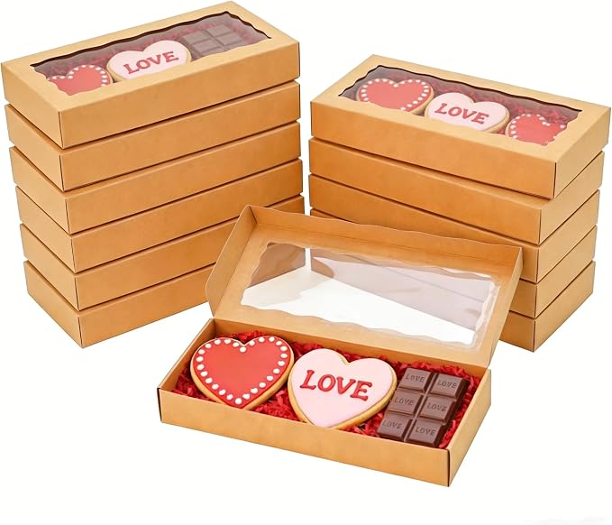 XINHPKGG 20pcs Cookie Boxes with window 12 x 5 x 1.5 Inch Bakery Boxes Treat Box Dessert Box for Wedding Party Favors - Brown