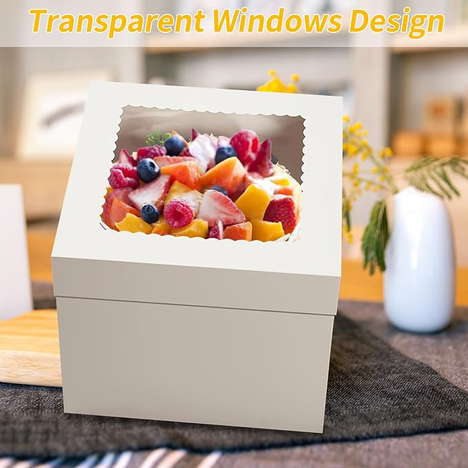 WINKIO 4 Pack Cake Boxes, Disposable Cake Transport Container, White Bakery Boxes with Large Window, for Cookies Pies Cupcakes Pastry (12×12×10)