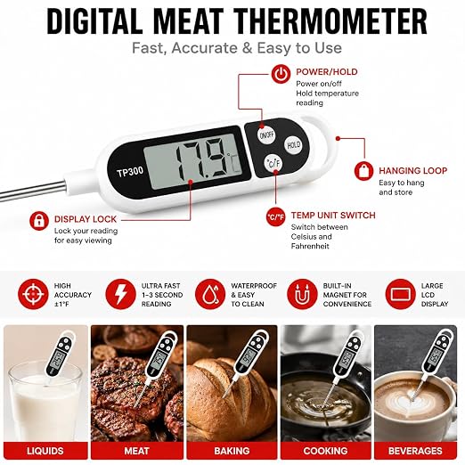 Digital Meat Thermometer for Cooking & BBQ, Instant Read Food Thermometer with Stainless Steel Probe, LCD Display Kitchen Thermometer for Grill, Smoker, Oven, Beef, Chicken & Turkey
