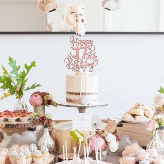 1 PCS Happy 17th Birthday Cake Topper Glitter Cheers to 17 Years Birthday Cake Pick Hello 17 Fabulous Cake Decoration for Happy 17th Birthday Anniversary Party Decorations Supplies Rose Gold