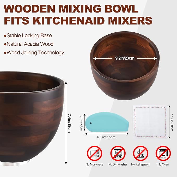 Premium Acacia Wooden Mixing Bowl for K45 & KSM150 Series, 4.5&5 Qt Tilt-Head Models, Natural Wood Bowl with Stainless Steel Precision Locking Base for Kitchen Aid Mixers(Acacia)