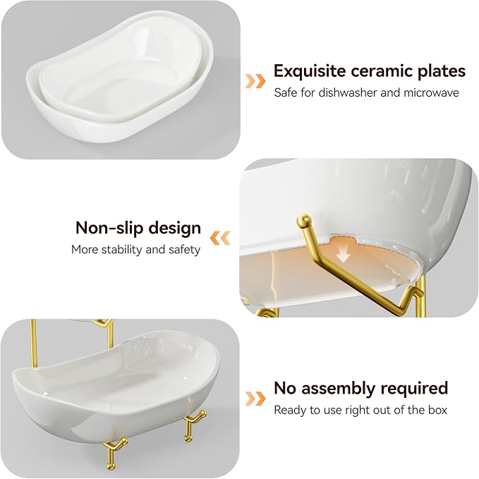 2 Tier Ceramic Fruit Bowl for Kitchen Counter – Fruit Basket with Gold Metal Stand, Holder for Snacks, Nuts, Cakes, Desserts, Bread, Candy Storage