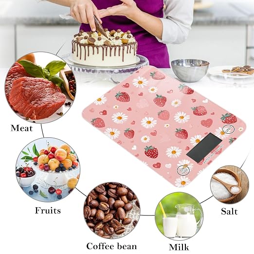 Food Scale Kitchen Scale Food Weight Scales Digital Weight Grams and Ounces Small Electronic Food Scale for Baking Cooking Pink Floral Strawberry Hearts