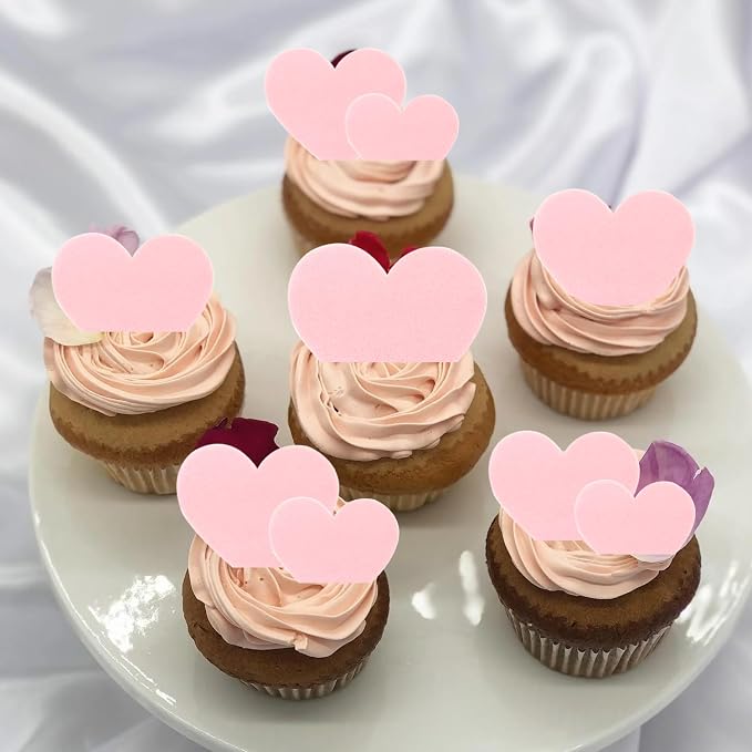 60 PCS Edible Heart Cupcake Toppers Sweet Love Valentine's Day Cake Decorations Edible Heart Cupcake Picks for Valentine's Day Wedding Engagement Birthday Party Food Decorations Supplies Light Pink