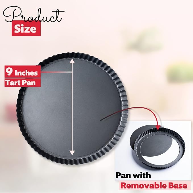 Tart Pan 9 Inch Removable Bottom- Carbon Steel Quiche Pan, Rust & Temperature Resistant Quiche Baking dish 550-600 °F- Non-Stick, Sturdy & Dishwasher Safe- Perfect for Baking Tarts
