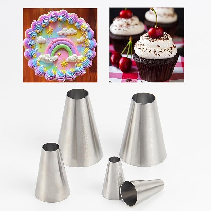 Round Piping Tip Set – 5-Piece Stainless Steel Cake Decorating Tips, Ideal for Cake Decorating, Icing, Cookie, Cupcakes, Includes 2 Small, 1 Medium, and 2 Large Round Tips Baking Tools